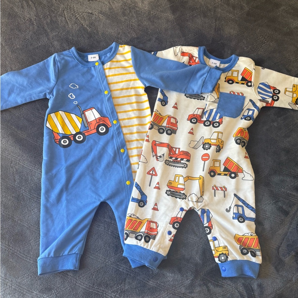 Blue and White Construction Bodysuits with Graphic Designs